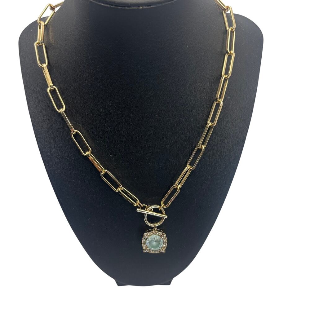 Gold Tone Paperclip Chain Necklace Aqua Crystal Rhinestone Pendant Toggle